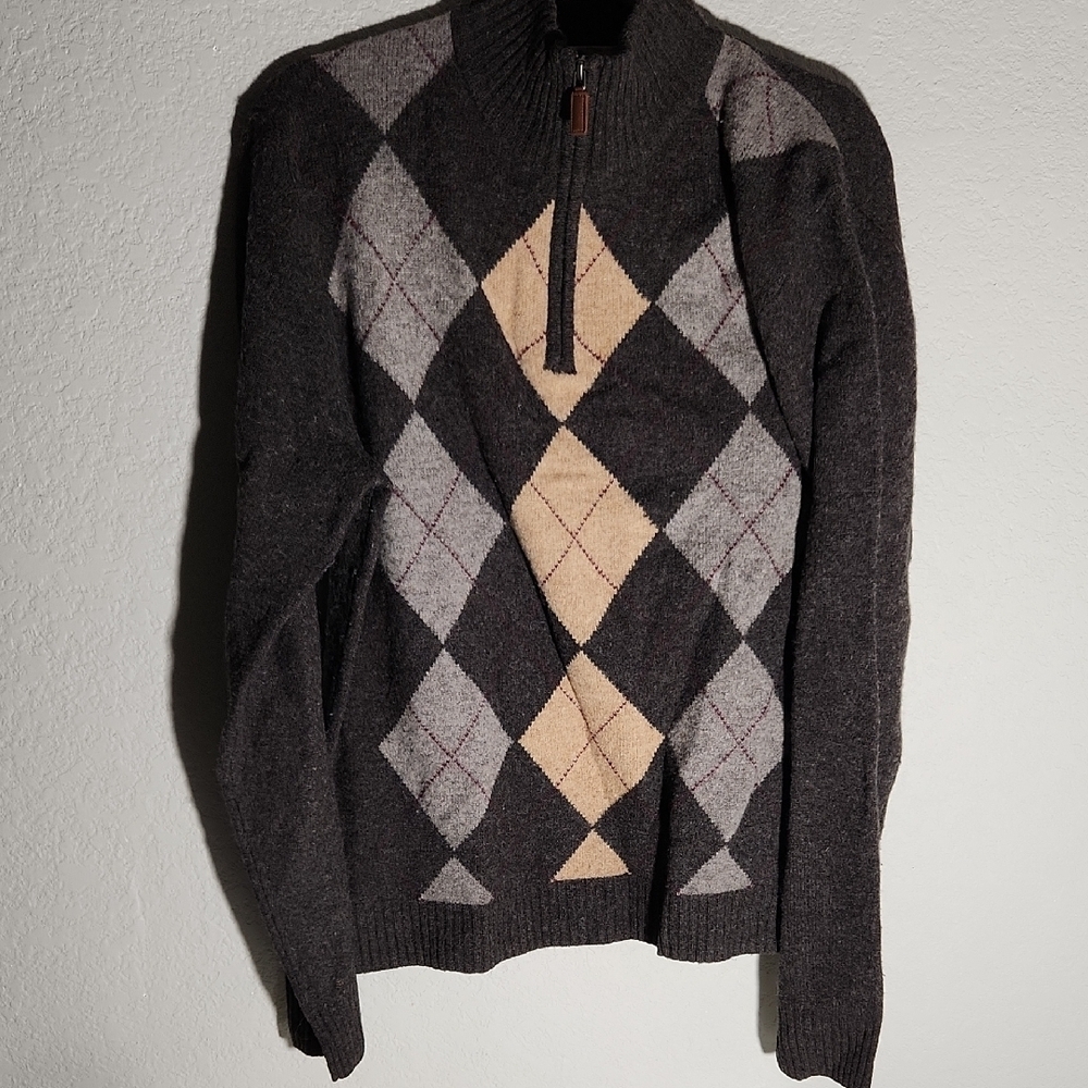 J Crew Sweater Mens Size L Lambs Wool Argyle Sweater Gray Tan